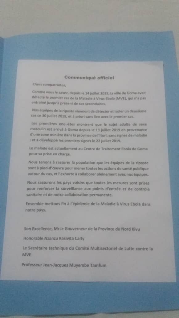 Ebola: L’équipe de riposte confirme un deuxième cas à Goma