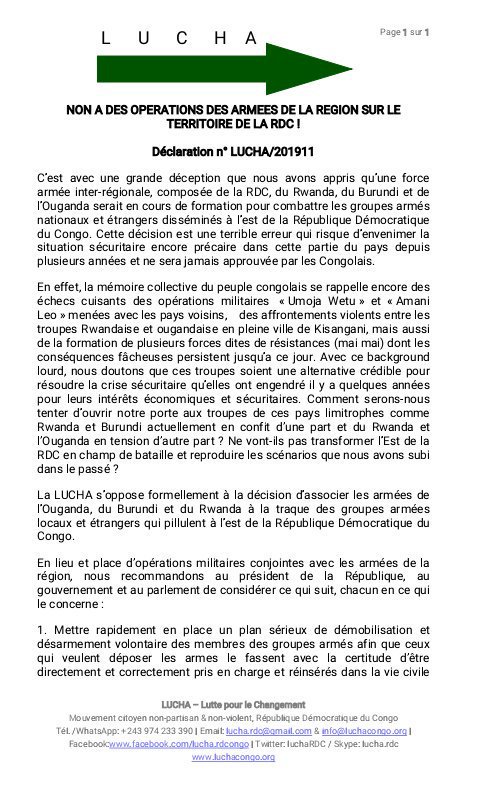 RDC: La Lucha dénonce la coalition des forces armées étrangères avec la RDC pour éradiquer les groupes armés au Nord-Kivu